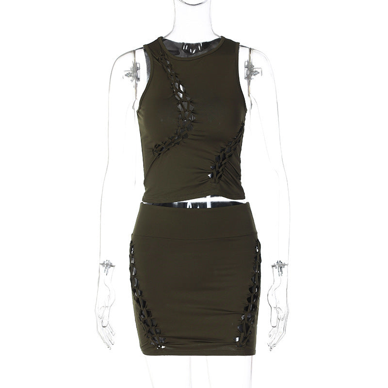 Dame Sporty Crop-Top og Mini Skirt Sæt med kreativt Cut-Out Design Stilla