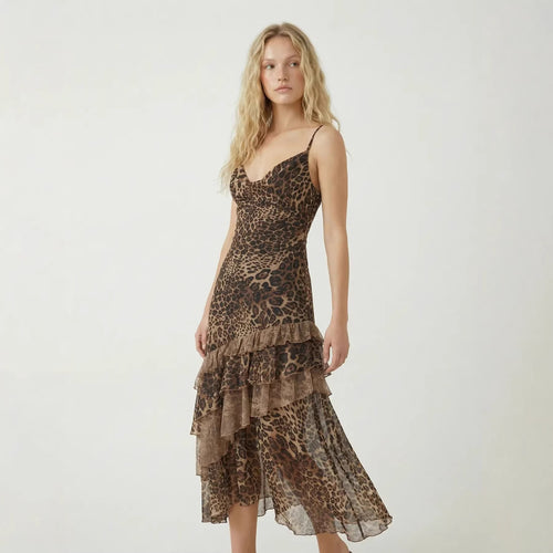 Dame elegant midi kjole med asymmetrisk flæse og dyreprint Skovae