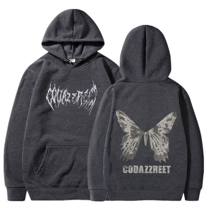Kvinders hoodie med iøjnefaldende sommerfugl design og kunstnerisk skrift Skovae
