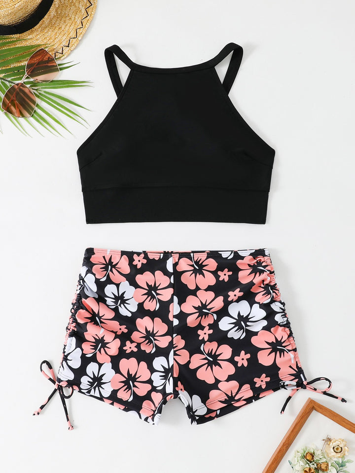 Dame sport-tankini med blomster shorts og justerbare sidesnor Stilla