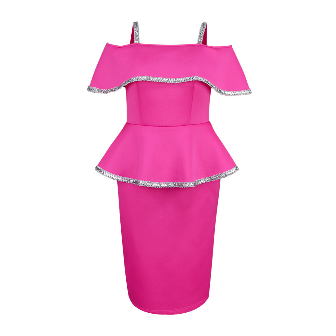 Dame elegant Peplum-kjole med off-shoulder design og glimmerdetaljer Skovae