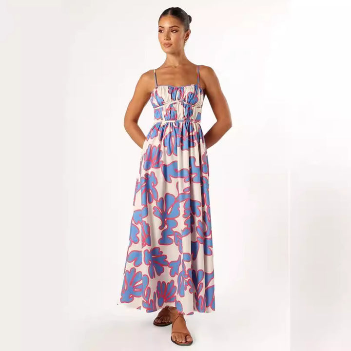 Dame Smocked Maxi Kjole med justerbare stropper Stilla