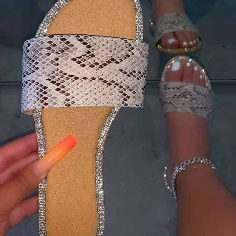 Dame Glamourøse Slippers med glitrende rhinestones og stilfuld slangelæder-look Stilla