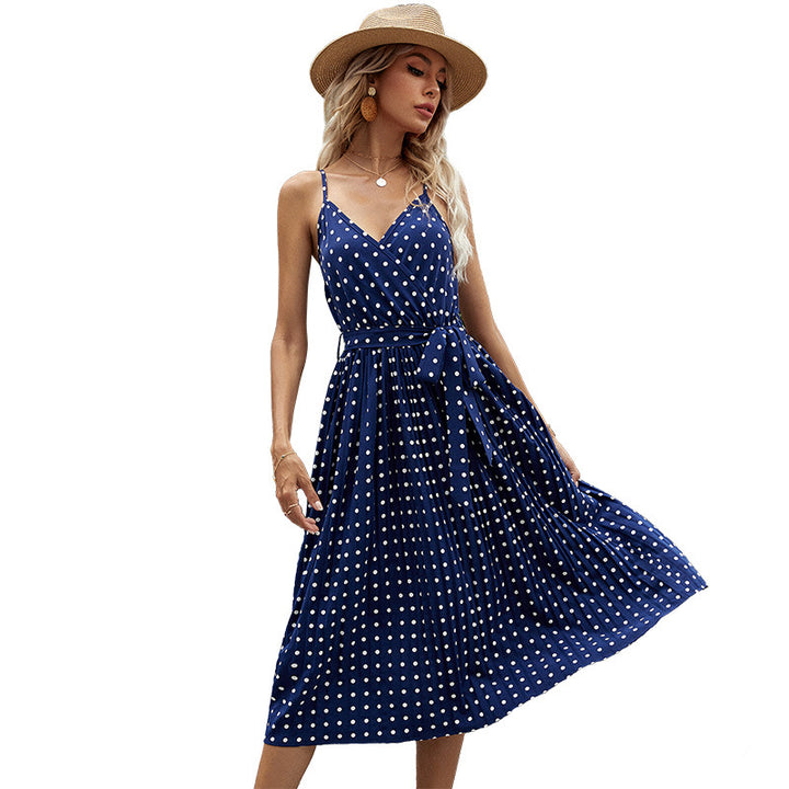 Dame Polka Dot Midi Kjole med Bæltetaske Stilla