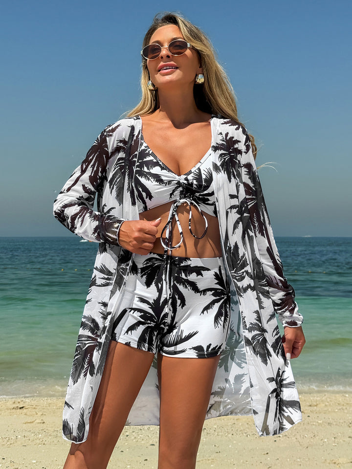 Dame Strand-Kimono og Bikini-Sæt med tropisk Palmendesign Stilla