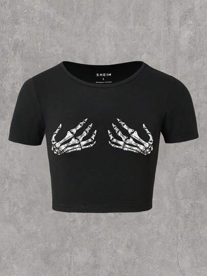 Dame Cropped T-Shirt med kreativt skeletdesign Skovae