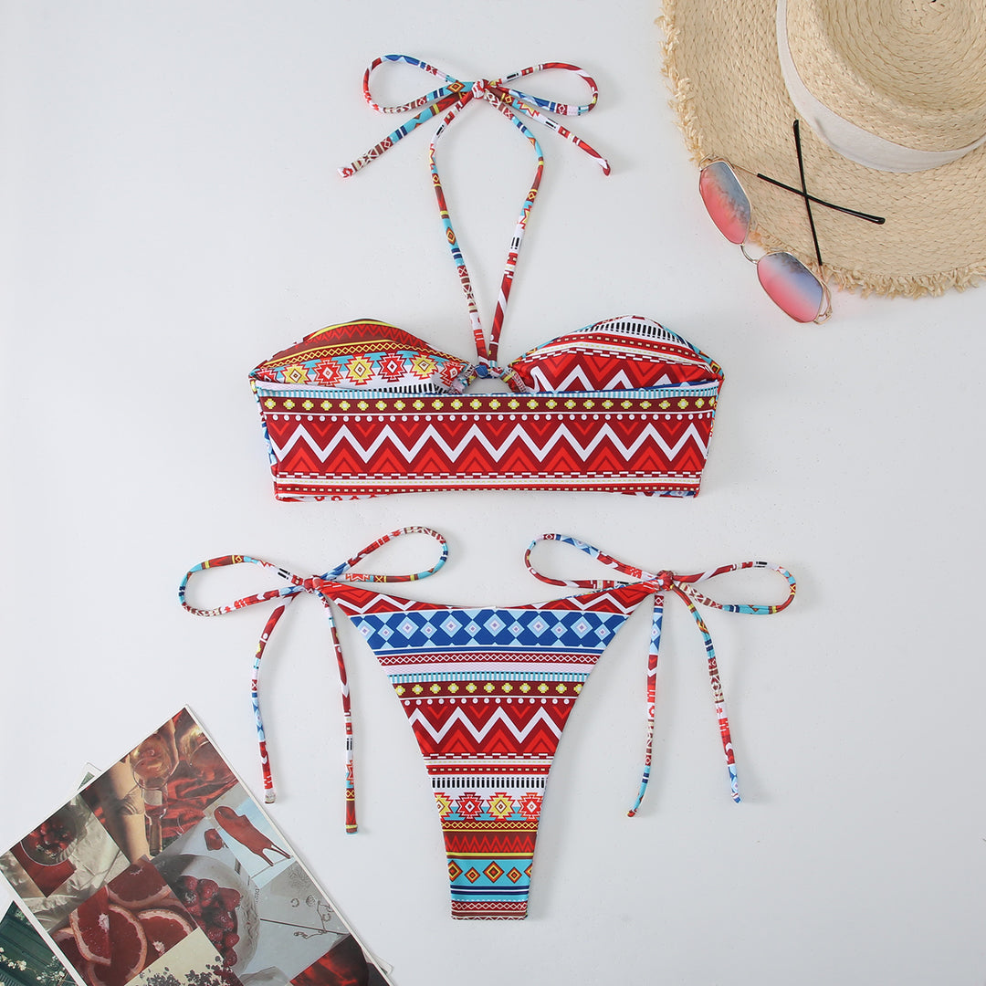 Dame Bandeau-Bikini-sæt med legende tribal-mønster og justerbare stropper Stilla