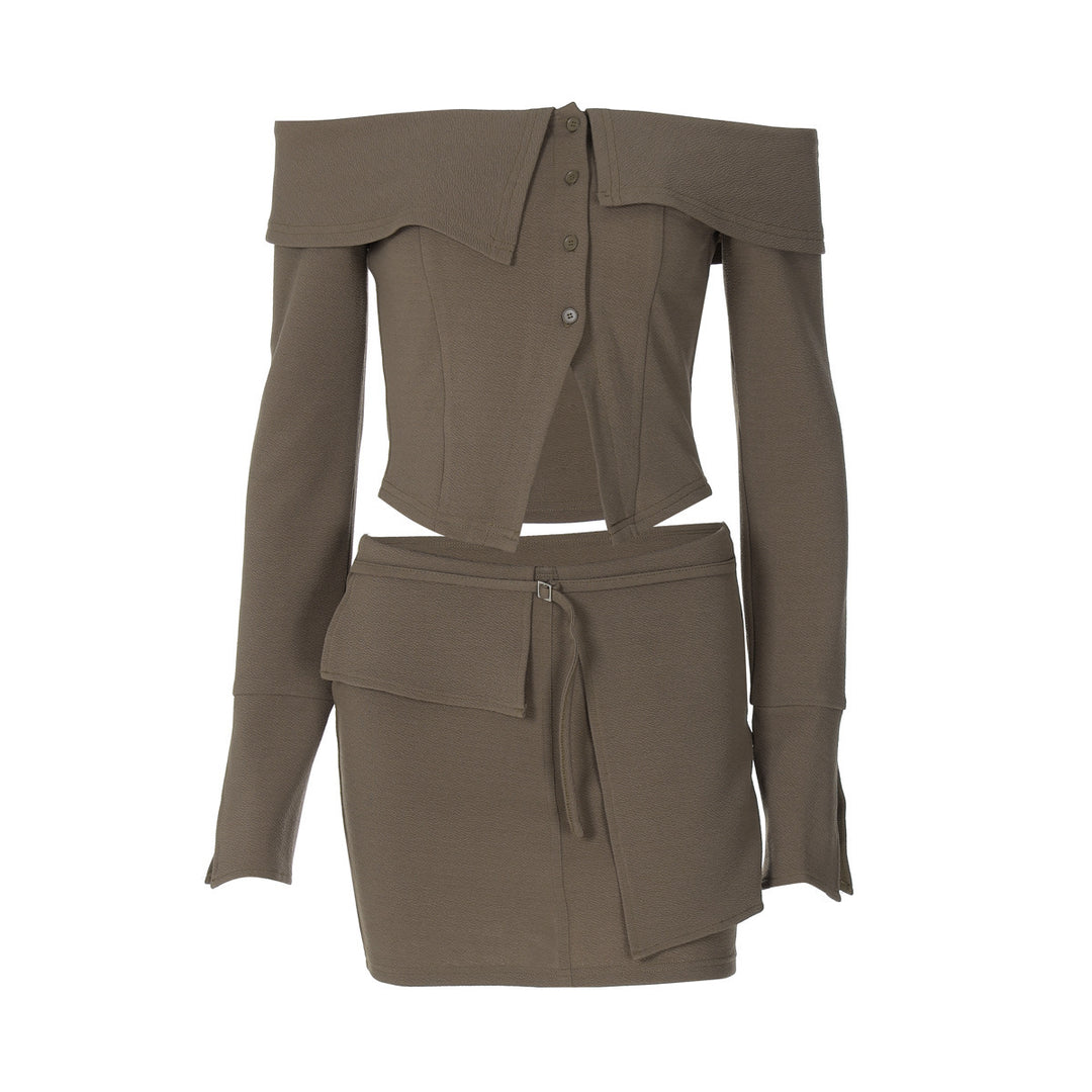 Dame Off-Shoulder Top med knælang nederdel og elegante knapdetaljer Stilla