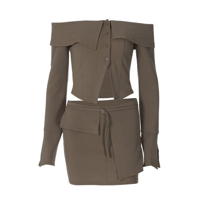 Dame Off-Shoulder Top med knælang nederdel og elegante knapdetaljer Stilla