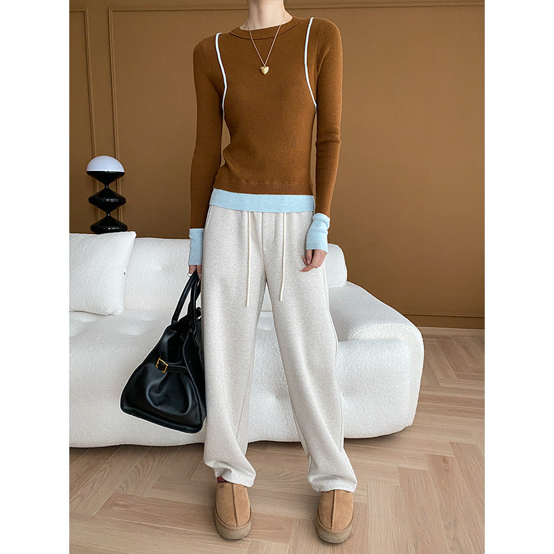 Damer elegant rundhals sweater med kontrasterende ærmer og fin ribbet tekstur Stilla