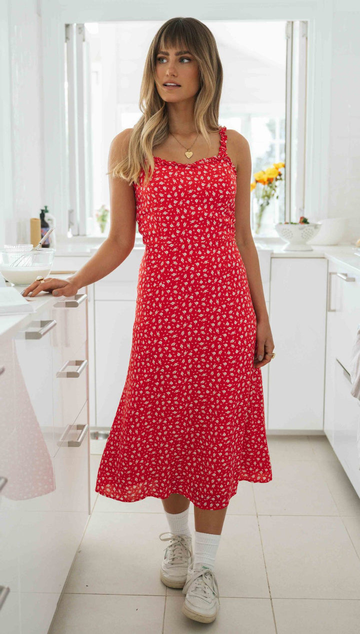 Femme Florales Midi-Kjole med justerbare spaghetti-stropper Stilla