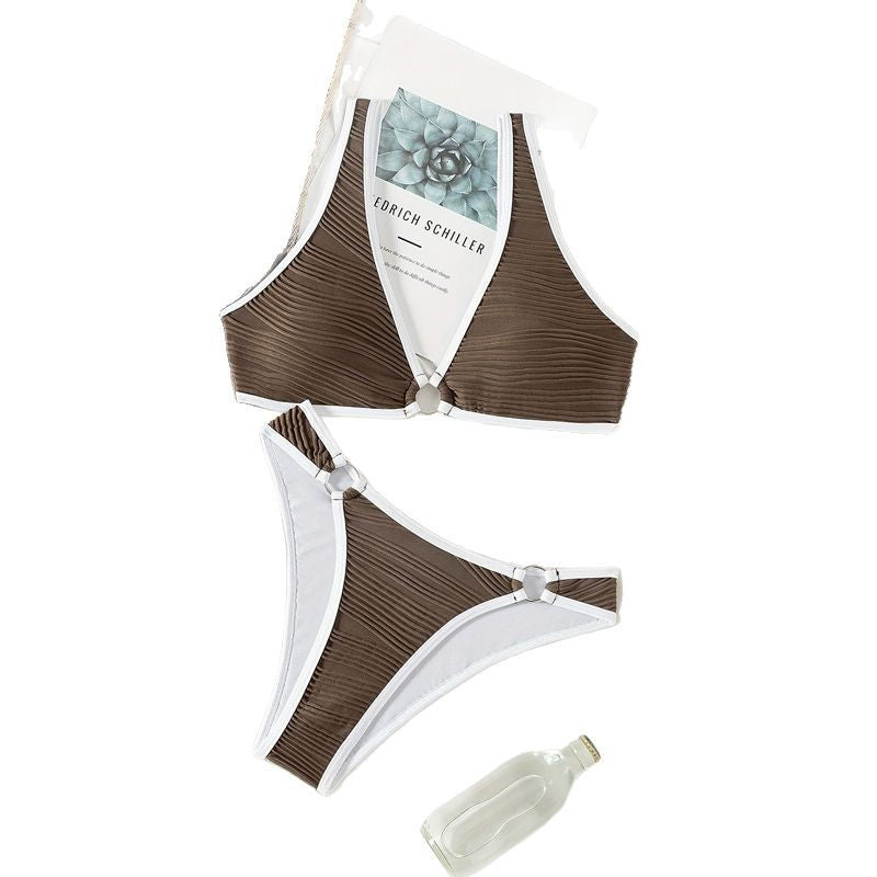 Dame Højskåret Rib Bikini Sæt med dekorativ Ring Detalje Stilla