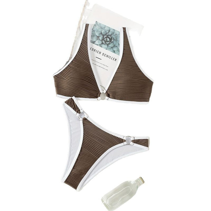 Dame Højskåret Rib Bikini Sæt med dekorativ Ring Detalje Stilla