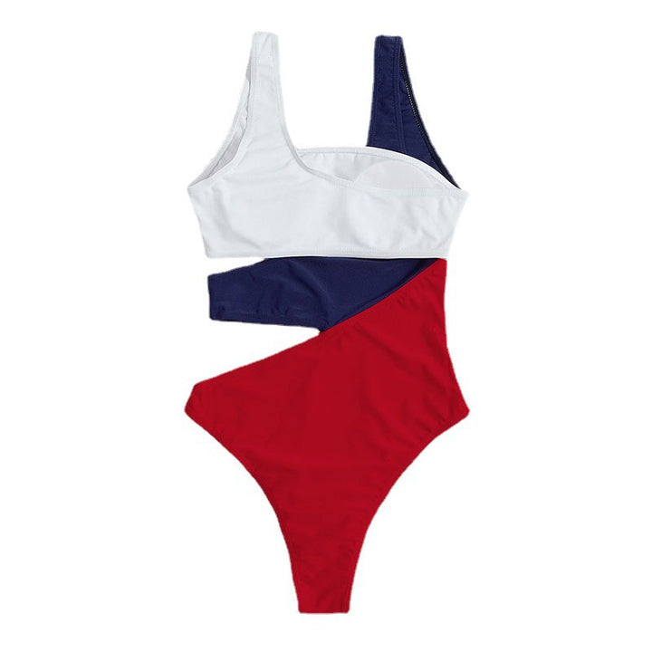 Dame heldragt badedragt med asymmetrisk design og farverige kontrastområder Skovae