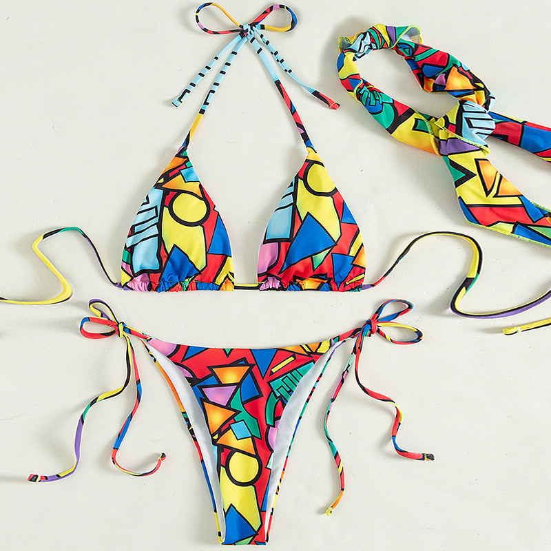 Dame Farverigt Triangel-Bikini-Sæt med Kjolehat Stilla