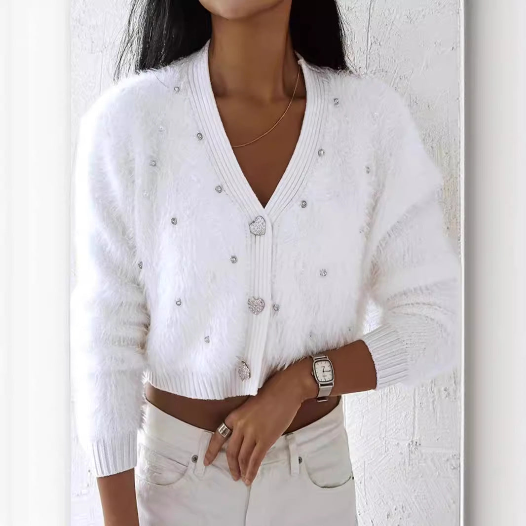 Dame Fuzzy Cardigan med perlepynt Stilla
