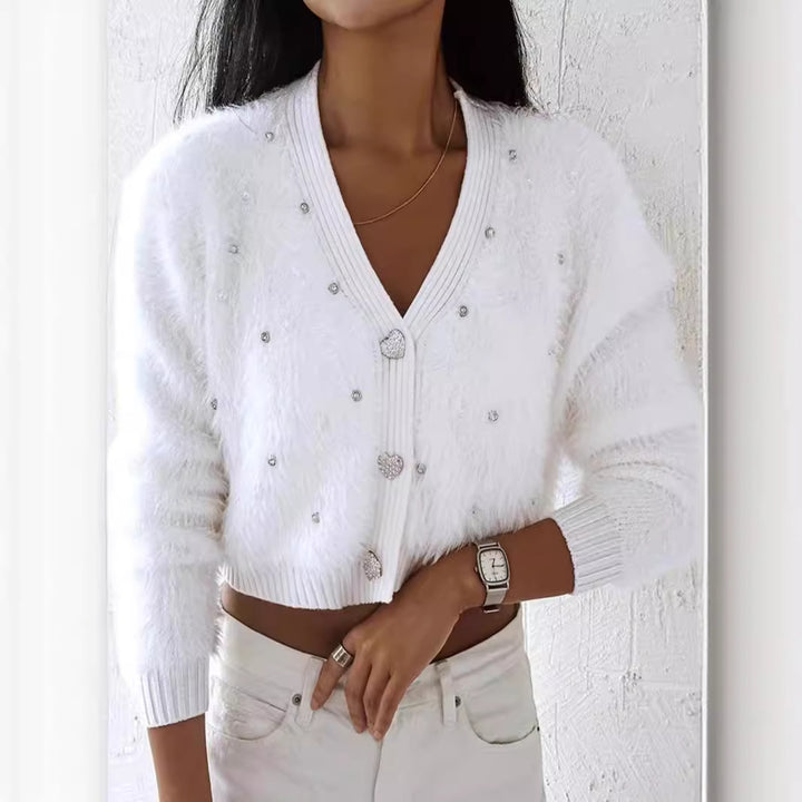 Dame Fuzzy Cardigan med perlepynt Stilla