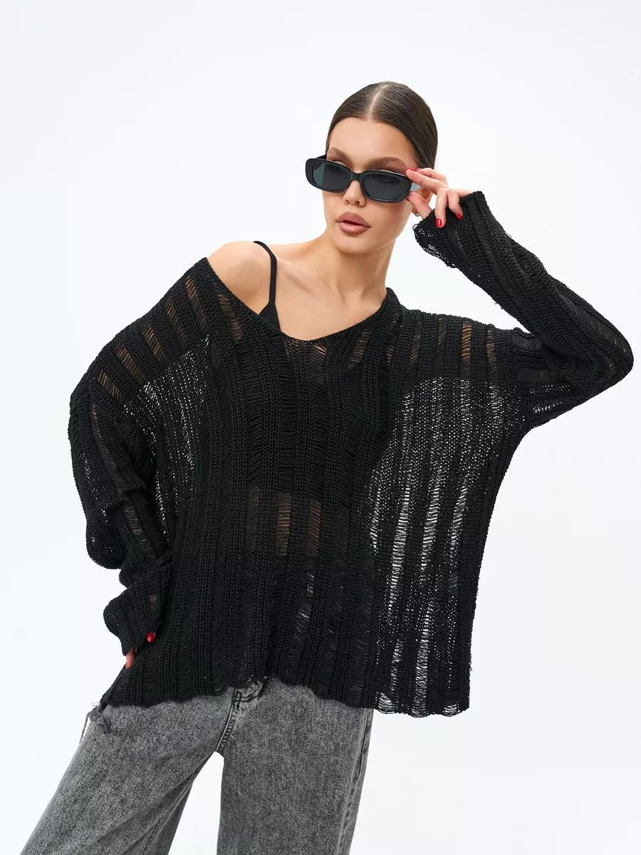 Dame store størrelse sweater i let strikmateriale med raffineret hulmønster Stilla