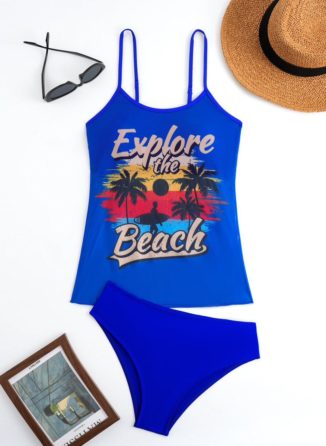 Dame Strandtop med farverigt grafikdesign og matchende bikiniunderdel Skovae