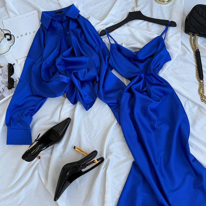 Dame elegant Satin Maxikjole med spaghetti-stropper og flydende snit Stilla