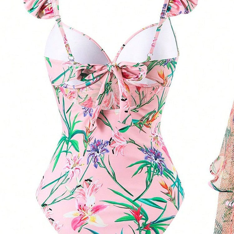 Dame One-Piece Badedragt med Rynkedetaljer og Floral Indpakningsskørt Skovae