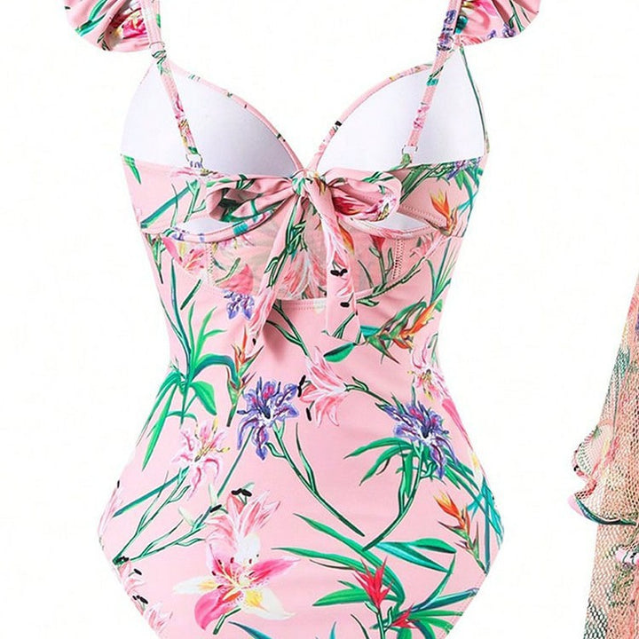Dame One-Piece Badedragt med Rynkedetaljer og Floral Indpakningsskørt Skovae