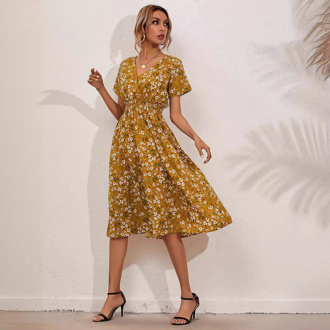 Dame Floral Print Smocked Waist Wickelkjole Stilla