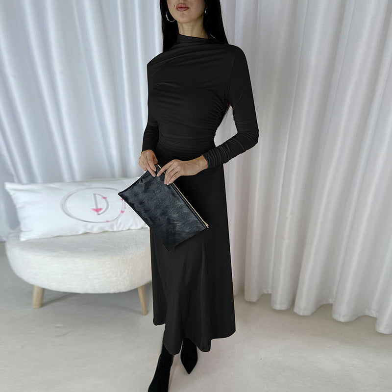 Dame Elegant Rynkning Langærmet Midi Kjole Stilla
