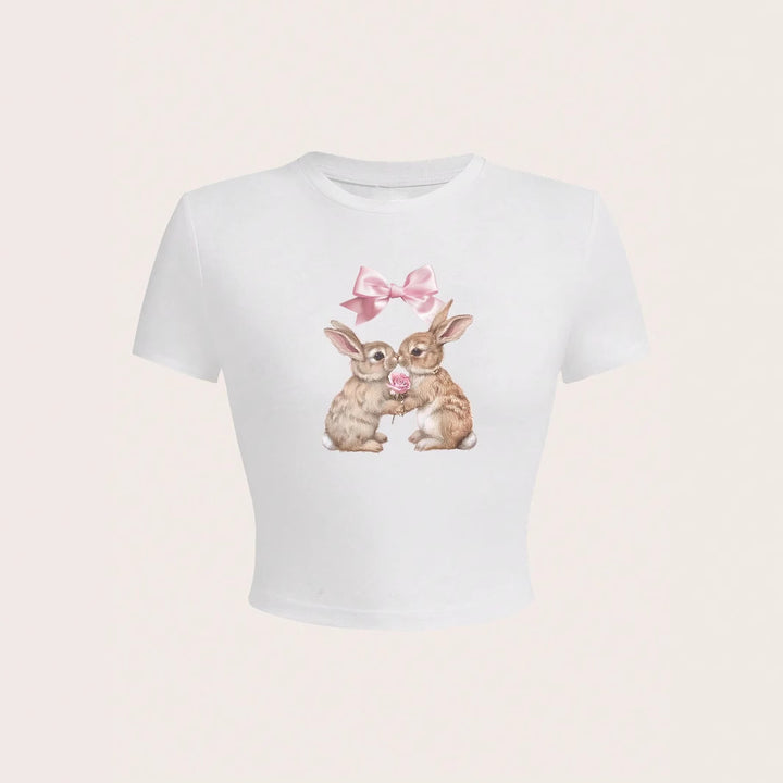 Dame Crop-Top med vidunderligt kaninmotiv og sløjfetryk Skovae