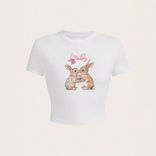 Dame Crop-Top med vidunderligt kaninmotiv og sløjfetryk Skovae