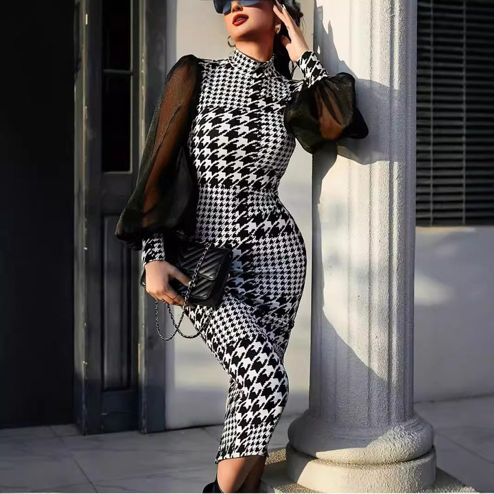 Dame Elegant Jumpsuit med transparente puffærmer og houndstooth mønster Stilla