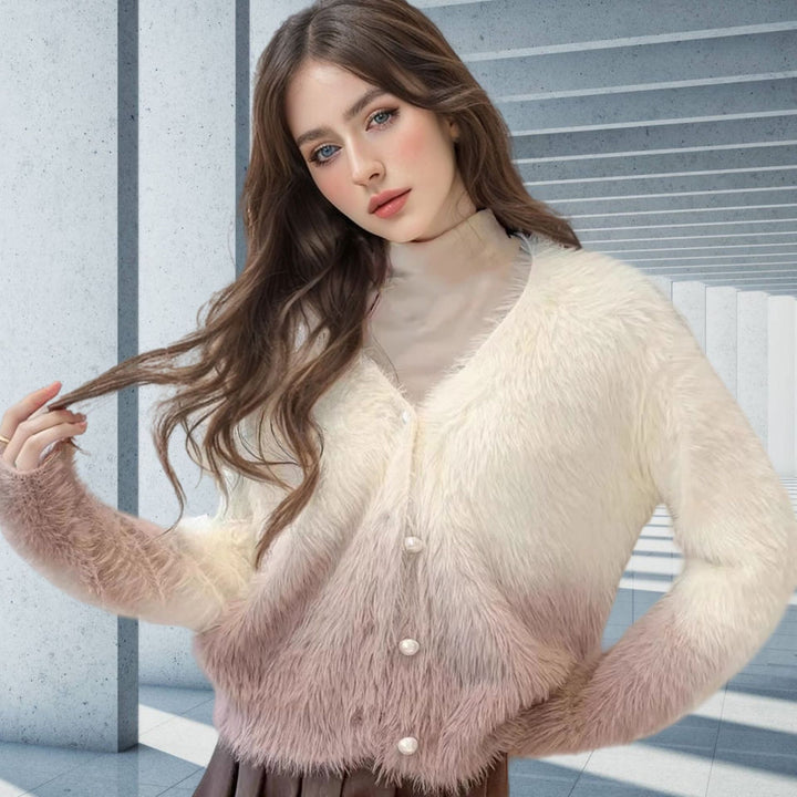 Dame moderigtig strikcardigan med elegant kunstpels og knaplukning Stilla