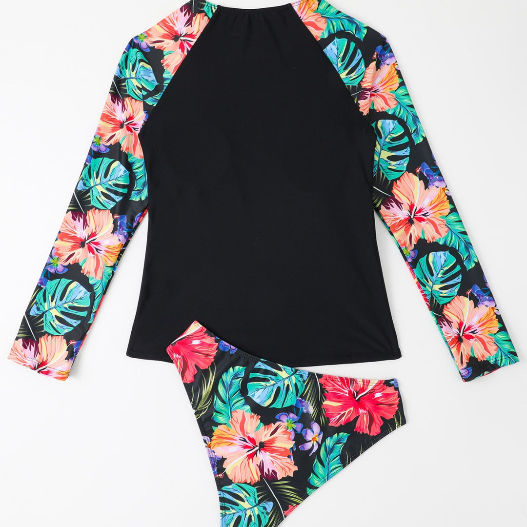 Dame Sporty Rashguard-Bikini-Sæt med blomsterdesign og lange ærmer Stilla