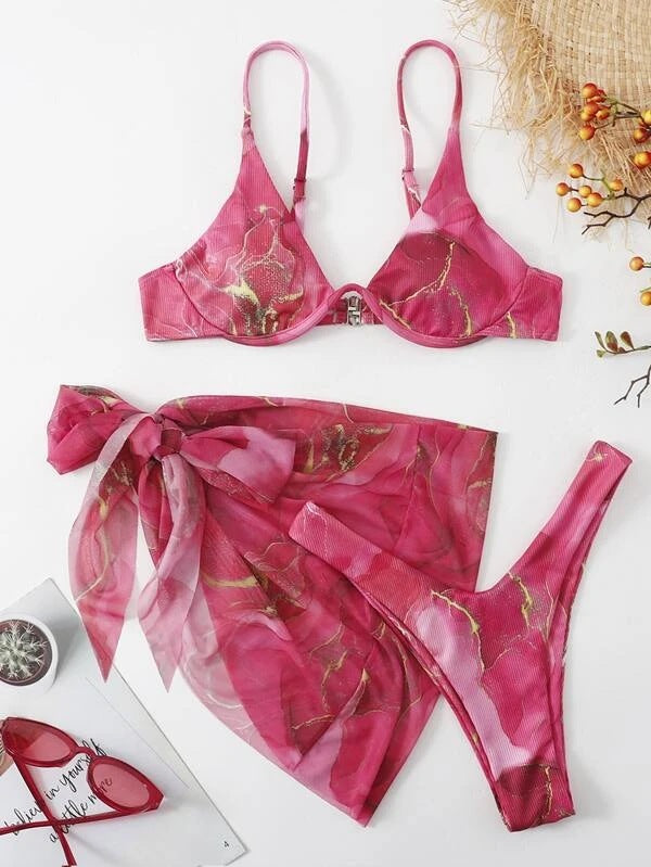 Dame Floral Print Bikini Sæt med matchende Wrap Skirt Stilla