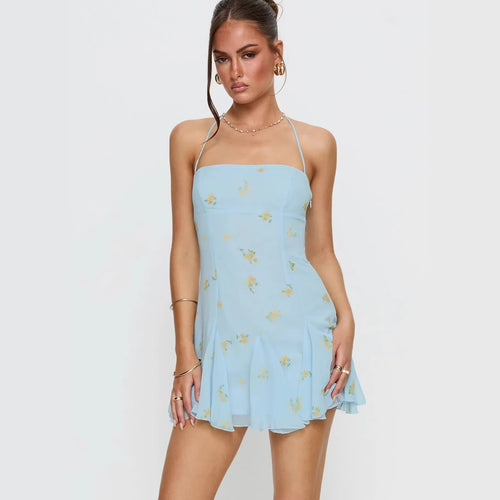Dame luftig spaghetti-strop sommerkjole med blomstret print og svajende skørt Skovae
