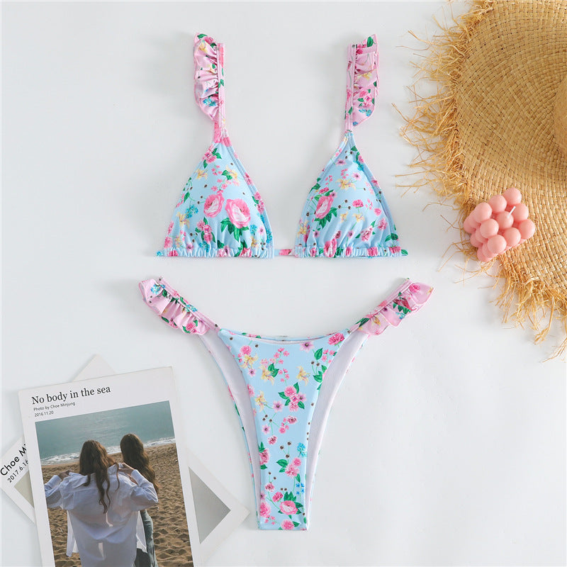 Dame bikini sæt med volangdetaljer og blomstermønster Stilla