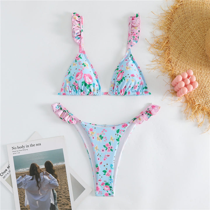 Dame bikini sæt med volangdetaljer og blomstermønster Stilla