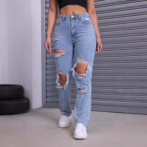 Dame Destroyed Jeans med moderne høj talje snit og iøjnefaldende revnedetaljer Stilla