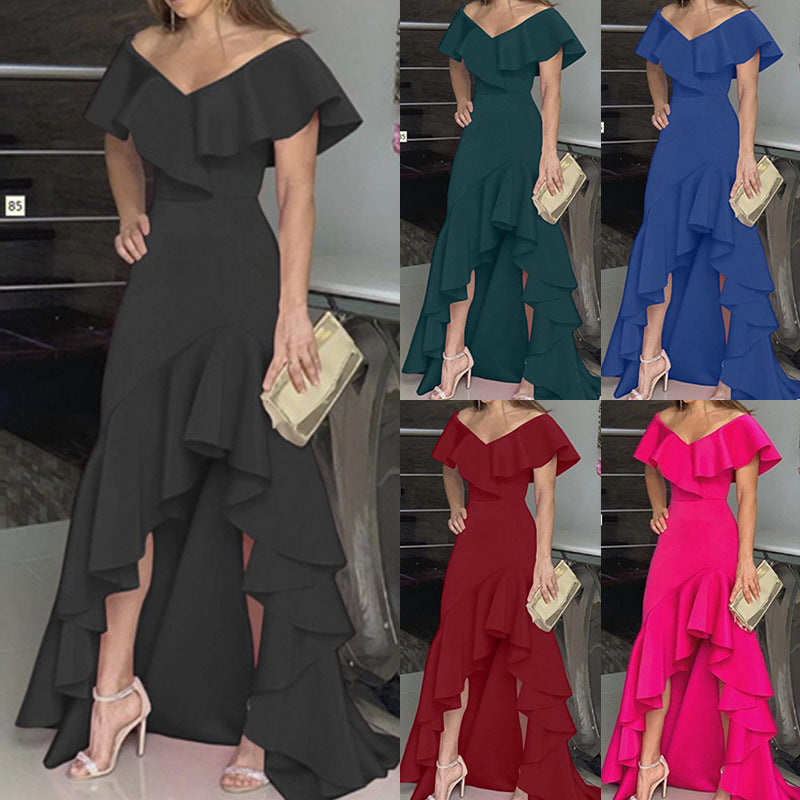 Dame Elegant Maxikjole med Flæsedetaljer og Asymmetrisk Kant Stilla
