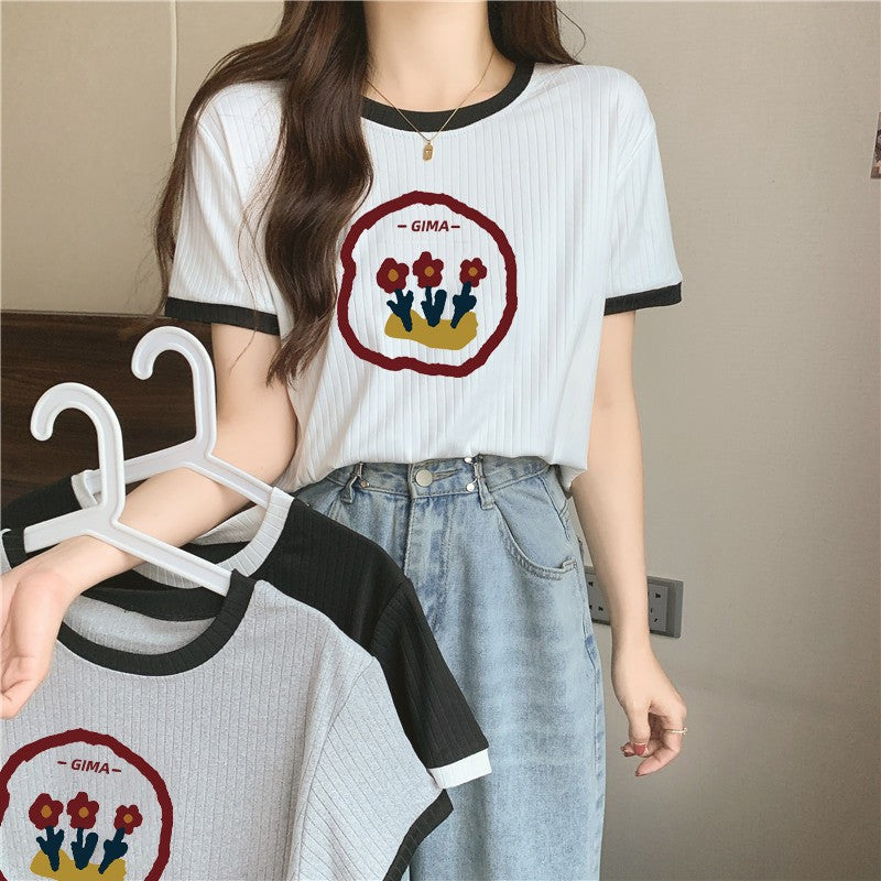 Femme Trendy Blomst Udsmykket Rib T-Shirt Stilla