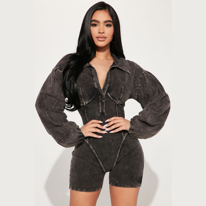Damer Mode Jumpsuit med Puffærmer og Ribbet Struktur Stilla