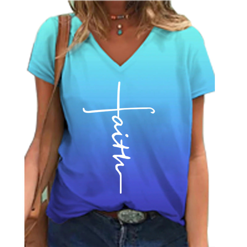 Dame V-hals T-shirt med moderne farveforløb og inspirerende tekst Stilla