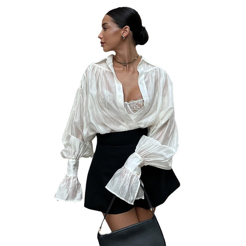 Dame chiffonbluse med voluminøse ærmer og elegant snit Stilla