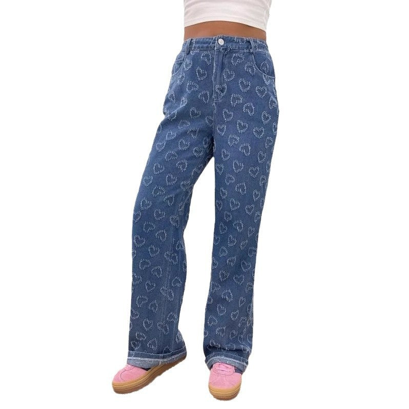 Dame fritidsjeans med unikt hjerte mønster Stilla
