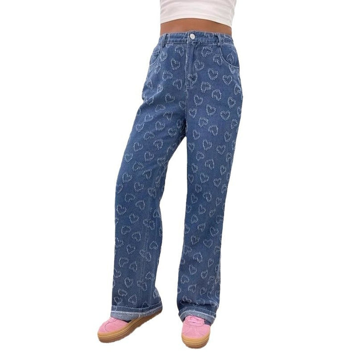 Dame fritidsjeans med unikt hjerte mønster Stilla