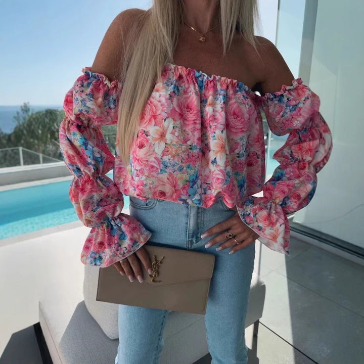 Dame Off-Shoulder Blomst Bluse med Ballonærmer Stilla
