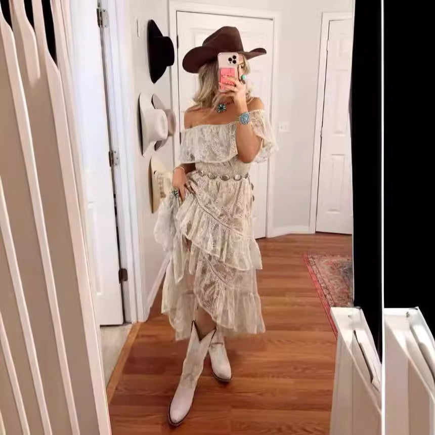 Kvindernes Boho Flæse Kjole med Off-Shoulder Design og Flydende Stof