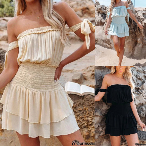 Dame Off-Shoulder Minikjole med lagdelt kant og elastisk bånd Stilla