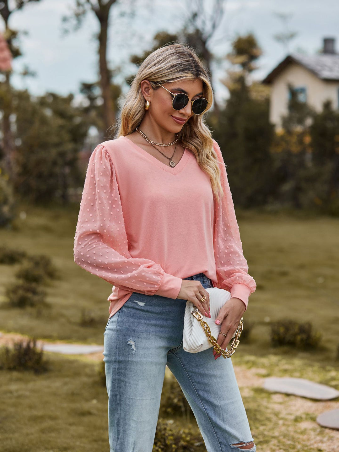 Damebluse med puffærmer og struktureret design Stilla