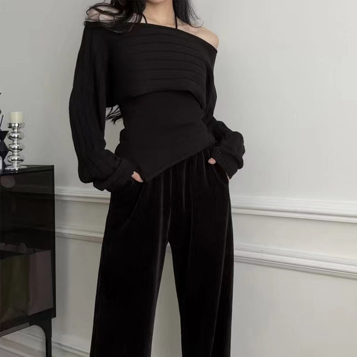 Dame Off-Shoulder Ribstrik Kort Pullover Stilla